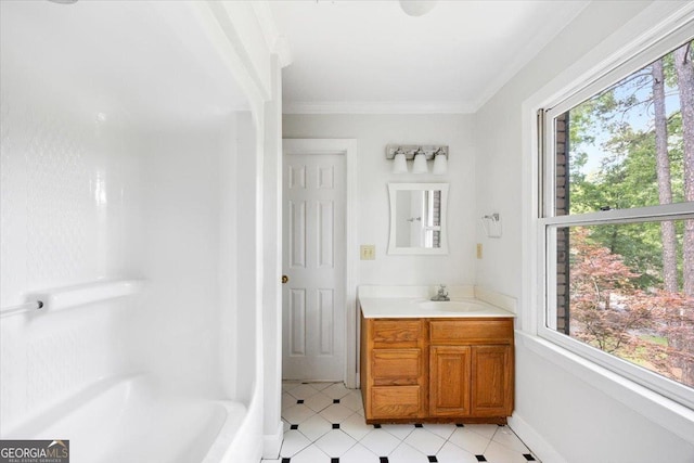 full bath with crown molding, vanity, and shower / washtub combination