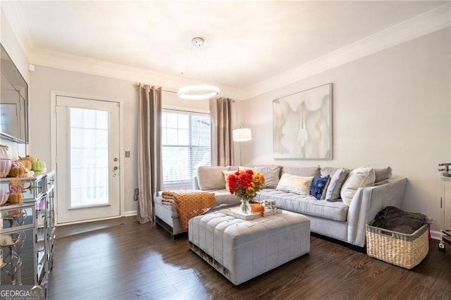 2700 Pine Tree Rd NE Unit 2204, Atlanta, GA 30324 - living area featuring ornamental molding, dark wood-style floors, and radiator heating unit