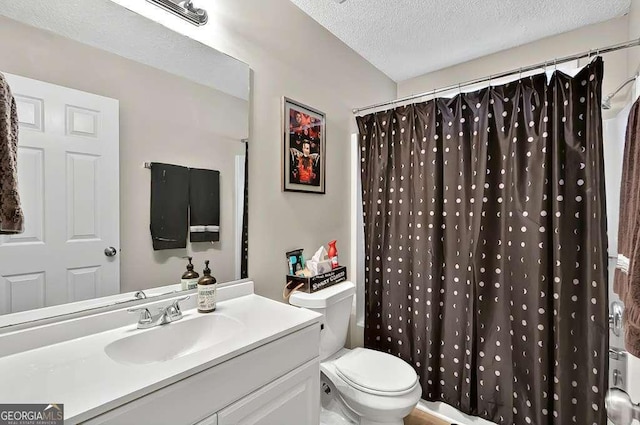 full bathroom with toilet, a textured ceiling, vanity, and a shower with shower curtain