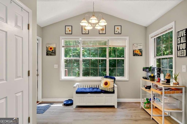 doorway featuring a chandelier, wood finished floors, baseboards, and lofted ceiling