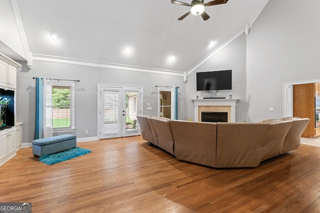 510 Jenna Trl, Mcdonough, GA 30252 - living area featuring a fireplace, ornamental molding, a ceiling fan, light wood-style floors, and recessed lighting