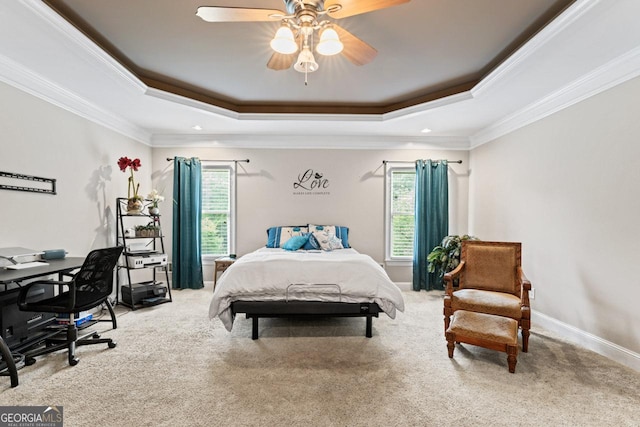 510 Jenna Trl, Mcdonough, GA 30252 - bedroom with a tray ceiling, carpet, crown molding, an office area, and recessed lighting