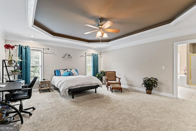 510 Jenna Trl, Mcdonough, GA 30252 - bedroom featuring a tray ceiling, ornamental molding, light carpet, ceiling fan, and baseboards