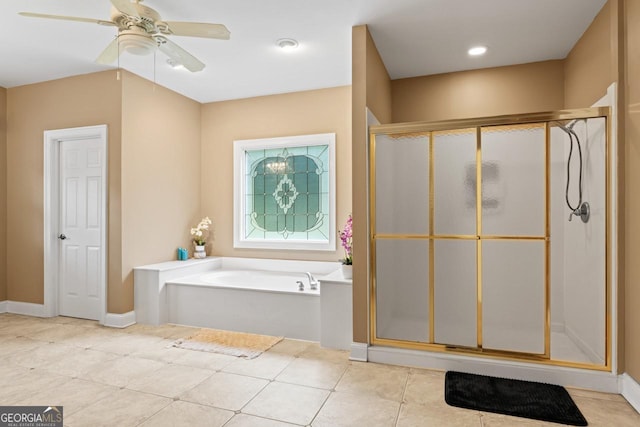 510 Jenna Trl, Mcdonough, GA 30252 - full bathroom with a bath, a stall shower, ceiling fan, and tile patterned floors