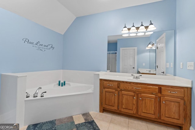510 Jenna Trl, Mcdonough, GA 30252 - bathroom featuring tile patterned flooring, vanity, a bath, a shower stall, and lofted ceiling