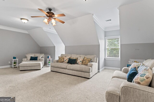 510 Jenna Trl, Mcdonough, GA 30252 - living room with carpet floors, a ceiling fan, baseboards, crown molding, and lofted ceiling
