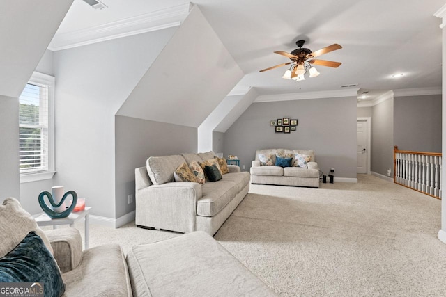 510 Jenna Trl, Mcdonough, GA 30252 - living area with light colored carpet, a ceiling fan, baseboards, and crown molding