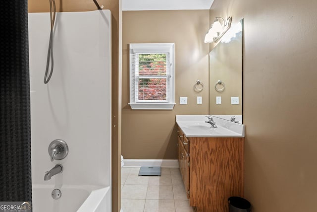510 Jenna Trl, Mcdonough, GA 30252 - bathroom featuring tile patterned floors, vanity, shower / bathtub combination with curtain, and baseboards