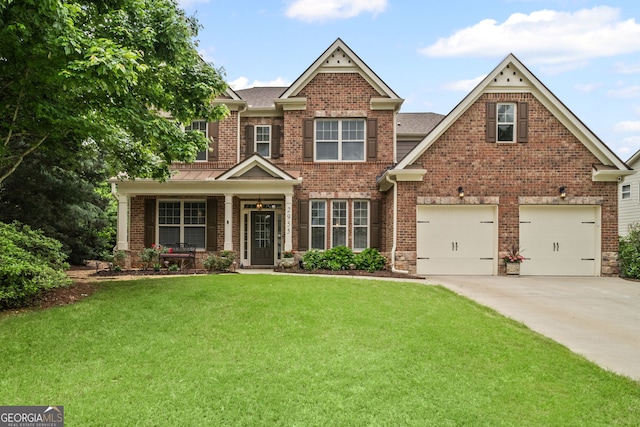 2955 Pleasant Valley Trl, Cumming, GA 30028 - view of front of home featuring concrete driveway, a front lawn, brick siding, an attached garage, and a shingled roof