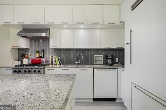 1820 Peachtree St Unit 311, Atlanta, GA 30309 - kitchen with exhaust hood, a sink, range, and white cabinetry