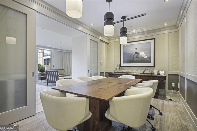 1820 Peachtree St Unit 311, Atlanta, GA 30309 - dining area with recessed lighting, ornamental molding, and a decorative wall