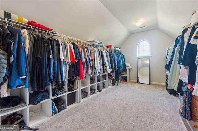 spacious closet with lofted ceiling and carpet floors