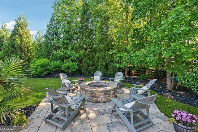 view of patio / terrace featuring an outdoor fire pit