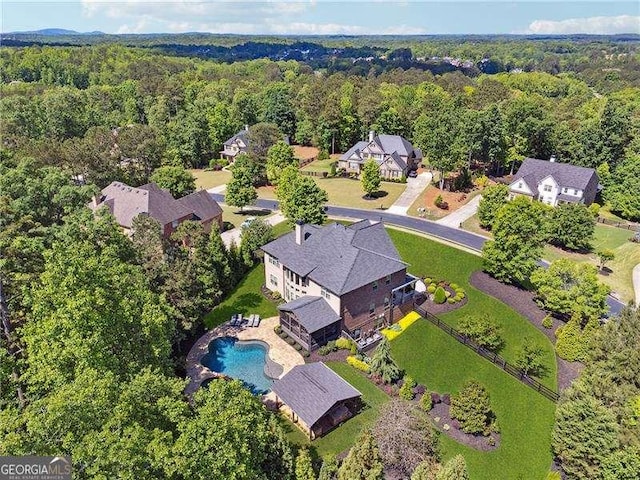 aerial view of a forest and a pool