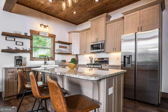 kitchen with stainless steel appliances, open shelves, wood ceiling, recessed lighting, and a sink