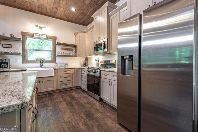 kitchen featuring appliances with stainless steel finishes, open shelves, a sink, wood ceiling, and dark wood-style floors