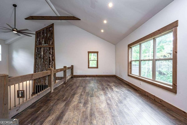 bonus room featuring healthy amount of natural light, recessed lighting, wood finished floors, beam ceiling, and a ceiling fan