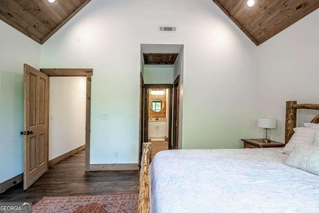 bedroom featuring wooden ceiling, recessed lighting, dark wood-style floors, high vaulted ceiling, and connected bathroom