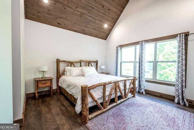 bedroom featuring wooden ceiling, wood finished floors, recessed lighting, baseboards, and high vaulted ceiling