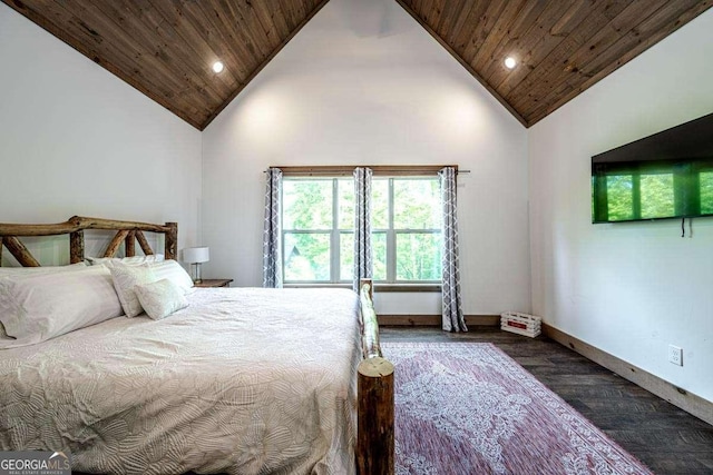 bedroom with wooden ceiling, wood finished floors, recessed lighting, high vaulted ceiling, and baseboards