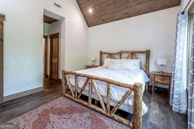 bedroom featuring wood finished floors, wood ceiling, high vaulted ceiling, and baseboards