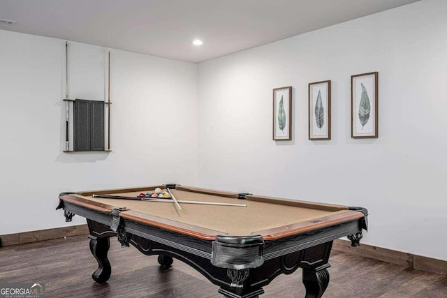 recreation room featuring pool table, wood finished floors, and recessed lighting