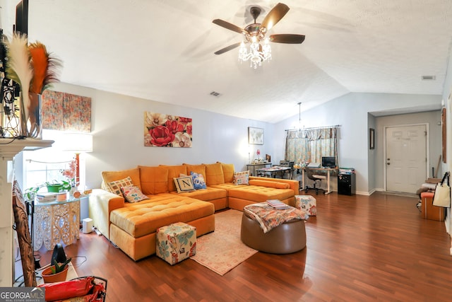 living room with wood finished floors, ceiling fan, a desk, vaulted ceiling, and baseboards