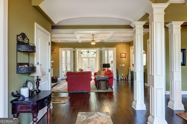 18 Enclave Cir, Savannah, GA 31419 - living room with decorative columns, ceiling fan, coffered ceiling, dark wood-style floors, and beamed ceiling