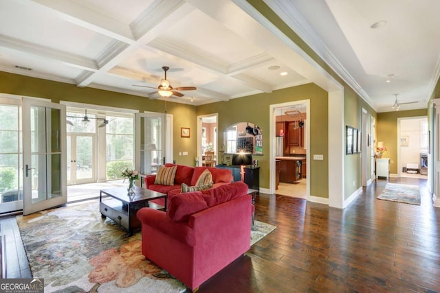 18 Enclave Cir, Savannah, GA 31419 - living room featuring hardwood / wood-style flooring, a ceiling fan, beamed ceiling, baseboards, and ornamental molding