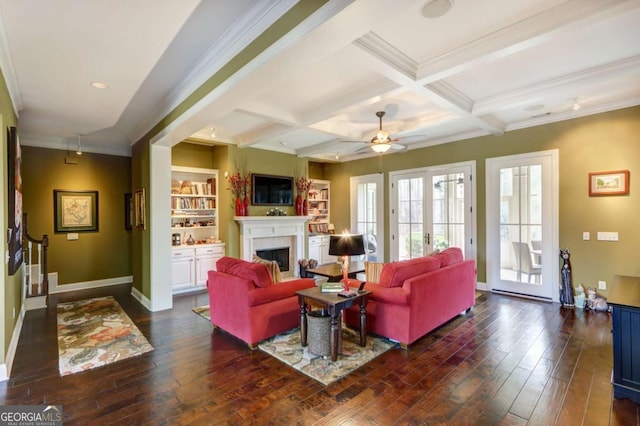 18 Enclave Cir, Savannah, GA 31419 - living room featuring a fireplace, dark wood-style floors, beamed ceiling, baseboards, and ornamental molding