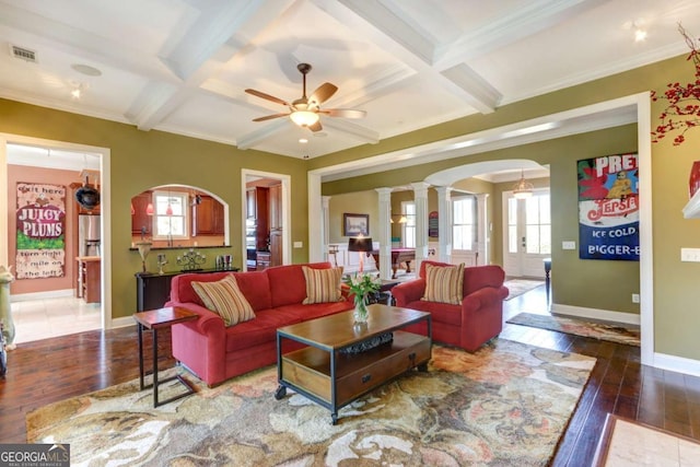 18 Enclave Cir, Savannah, GA 31419 - living area with ornate columns, hardwood / wood-style flooring, arched walkways, coffered ceiling, and a ceiling fan