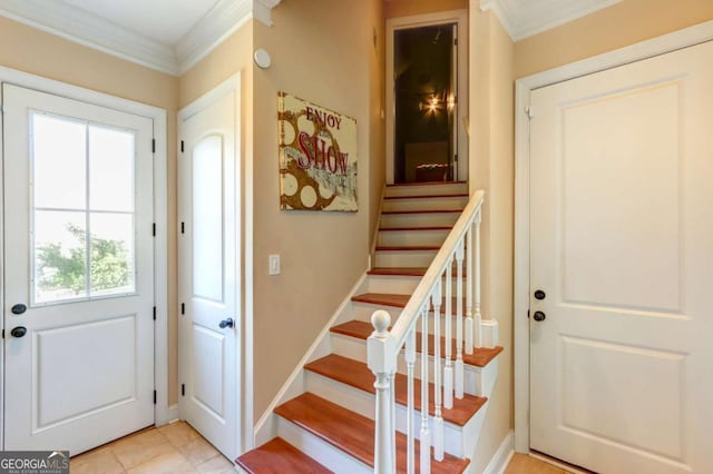 18 Enclave Cir, Savannah, GA 31419 - foyer entrance with ornamental molding, stairs, and light tile patterned flooring