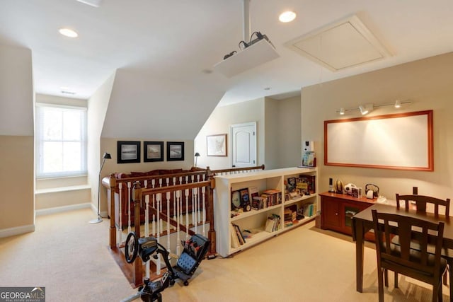 18 Enclave Cir, Savannah, GA 31419 - hallway with carpet flooring, baseboards, vaulted ceiling, recessed lighting, and attic access