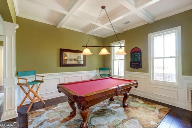 18 Enclave Cir, Savannah, GA 31419 - playroom with coffered ceiling, dark wood-type flooring, beam ceiling, billiards table, and a wainscoted wall