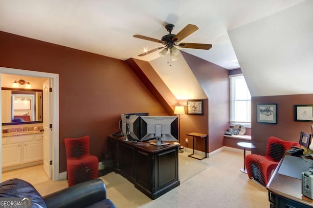 18 Enclave Cir, Savannah, GA 31419 - office area featuring vaulted ceiling, light colored carpet, a ceiling fan, and baseboards