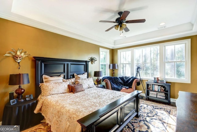 18 Enclave Cir, Savannah, GA 31419 - bedroom with a raised ceiling, ornamental molding, wood finished floors, and a ceiling fan
