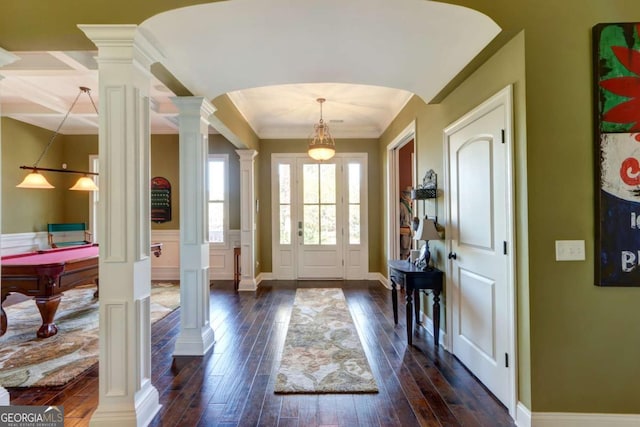 18 Enclave Cir, Savannah, GA 31419 - entryway with ornate columns, dark wood finished floors, crown molding, arched walkways, and billiards