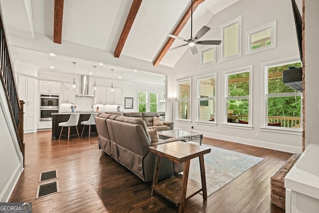 2861 Digna Ct, Acworth, GA 30101 - living room with ceiling fan, high vaulted ceiling, beamed ceiling, dark wood-style floors, and recessed lighting