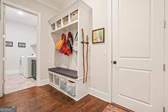 2861 Digna Ct, Acworth, GA 30101 - mudroom featuring washing machine and dryer and wood finished floors