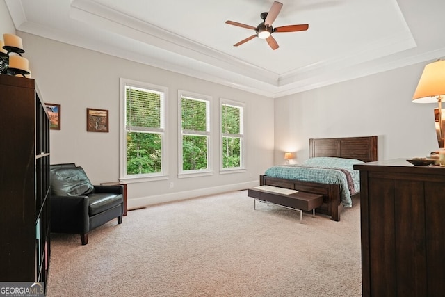 2861 Digna Ct, Acworth, GA 30101 - carpeted bedroom with a raised ceiling, ornamental molding, and ceiling fan