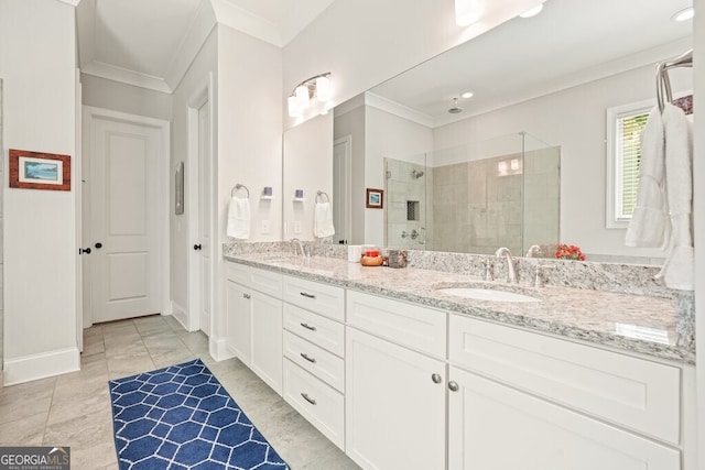 2861 Digna Ct, Acworth, GA 30101 - bathroom featuring crown molding, tiled shower, double vanity, and recessed lighting