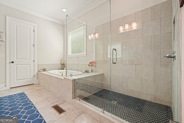 2861 Digna Ct, Acworth, GA 30101 - bathroom with a bath, crown molding, a stall shower, and tile patterned floors