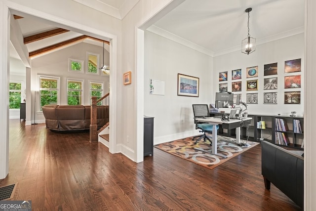 2861 Digna Ct, Acworth, GA 30101 - office area featuring wood finished floors, high vaulted ceiling, and beamed ceiling
