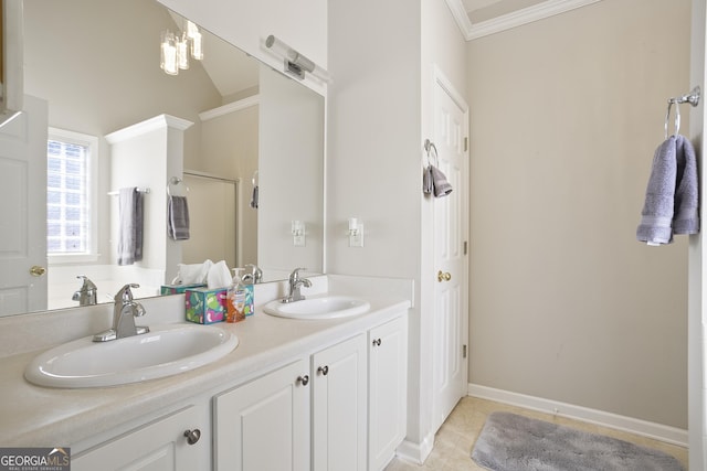 3 Bluegrass Pass, Newnan, GA 30263 - full bathroom featuring ornamental molding, double vanity, a shower stall, and tile patterned floors