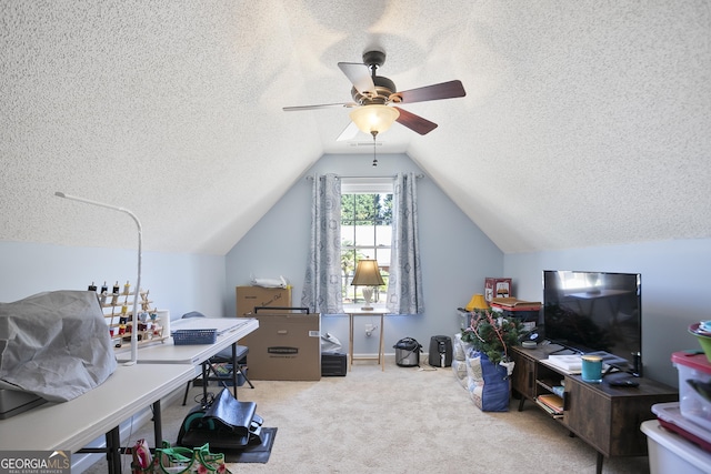 3 Bluegrass Pass, Newnan, GA 30263 - office with a textured ceiling, ceiling fan, lofted ceiling, and carpet floors