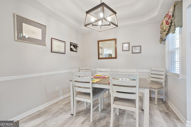 3 Bluegrass Pass, Newnan, GA 30263 - dining area featuring light wood finished floors, a raised ceiling, a chandelier, and baseboards