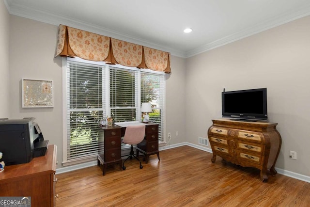 2759 Thomashire Trce, Marietta, GA 30066 - office area featuring wood finished floors, crown molding, baseboards, and recessed lighting