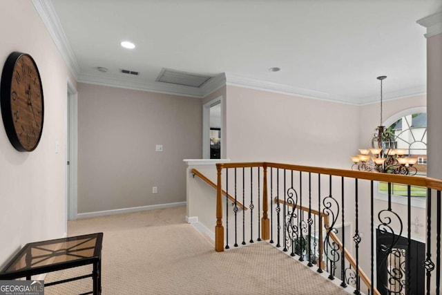 2759 Thomashire Trce, Marietta, GA 30066 - hall featuring a chandelier, carpet, crown molding, an upstairs landing, and baseboards