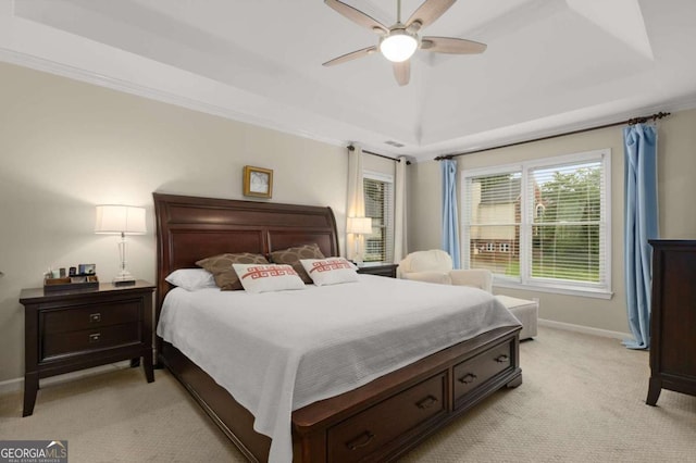 2759 Thomashire Trce, Marietta, GA 30066 - bedroom featuring light carpet, a raised ceiling, baseboards, and a ceiling fan