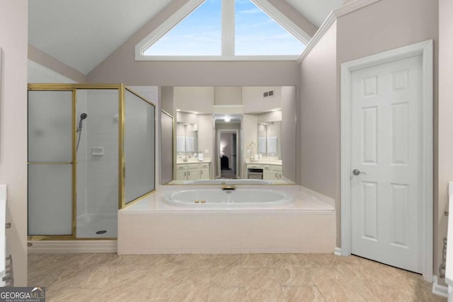 2759 Thomashire Trce, Marietta, GA 30066 - bathroom with a shower stall, a garden tub, vanity, and high vaulted ceiling